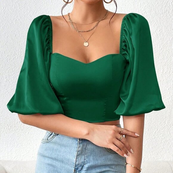 Dark Green Casual Women's Sweetheart Neck Puff Sleeve Crop Blouse - Picture 5 of 5